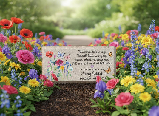 Personalized Memorial Stone: Concrete Burial Marker, Sympathy Gift, Colorful Wild Flowers